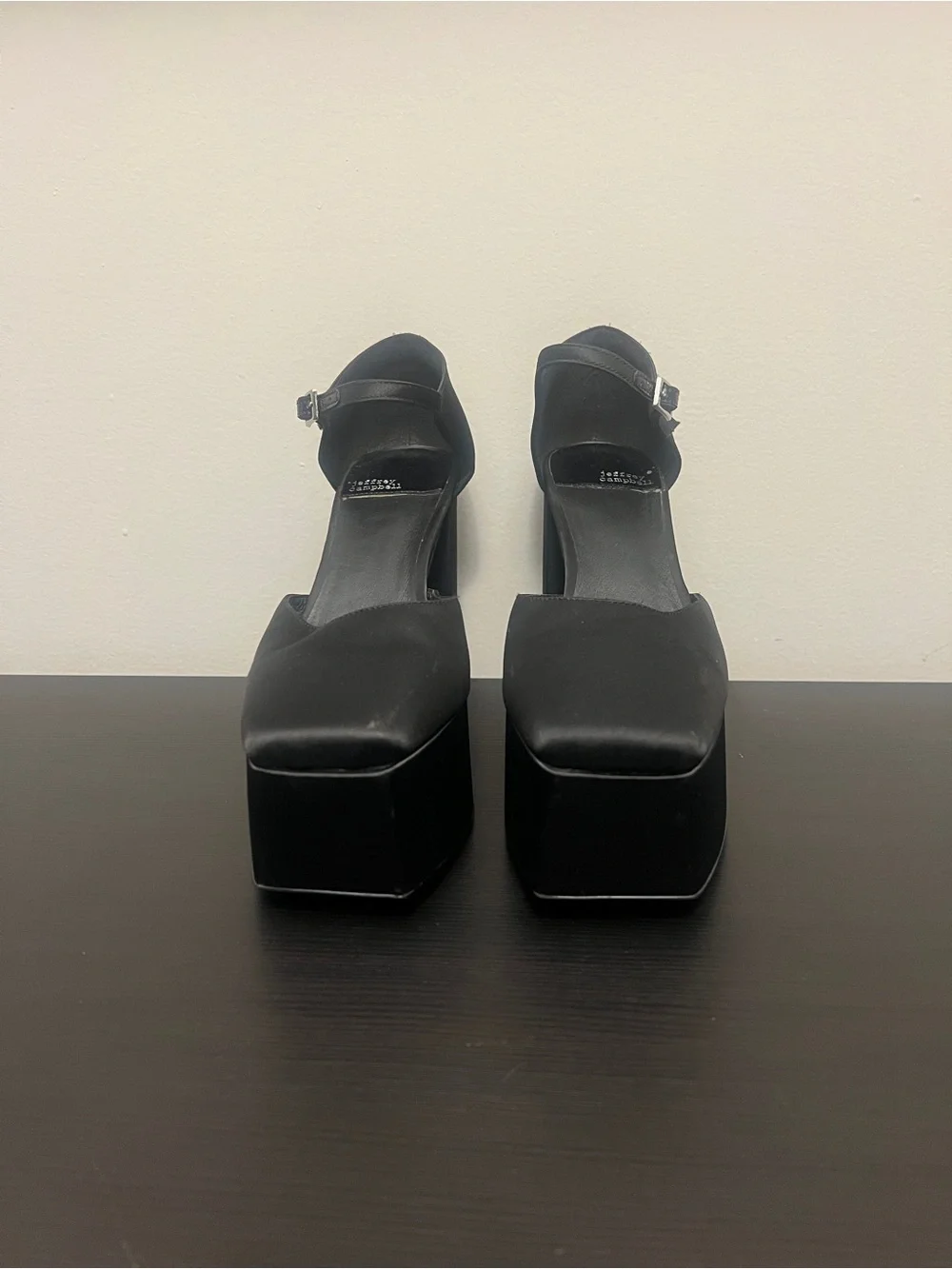 Jeffrey Campbell Ovr-N-Out Black Satin Ankle Strap Platform Pump Heel Size 9.5